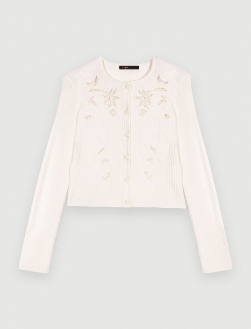 Maje Embroidered Cardigan Dames Wit | JZVXUPK-64